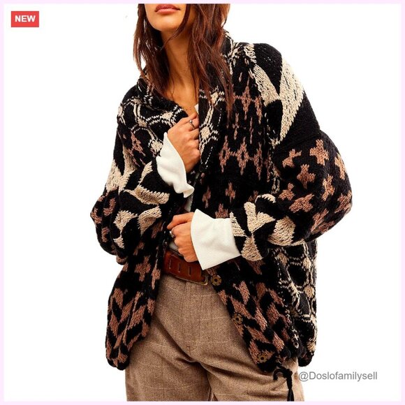Sweaters - Oversized Shawl Collar Cardigan Sweater, Polyester, Boho Fall Coat